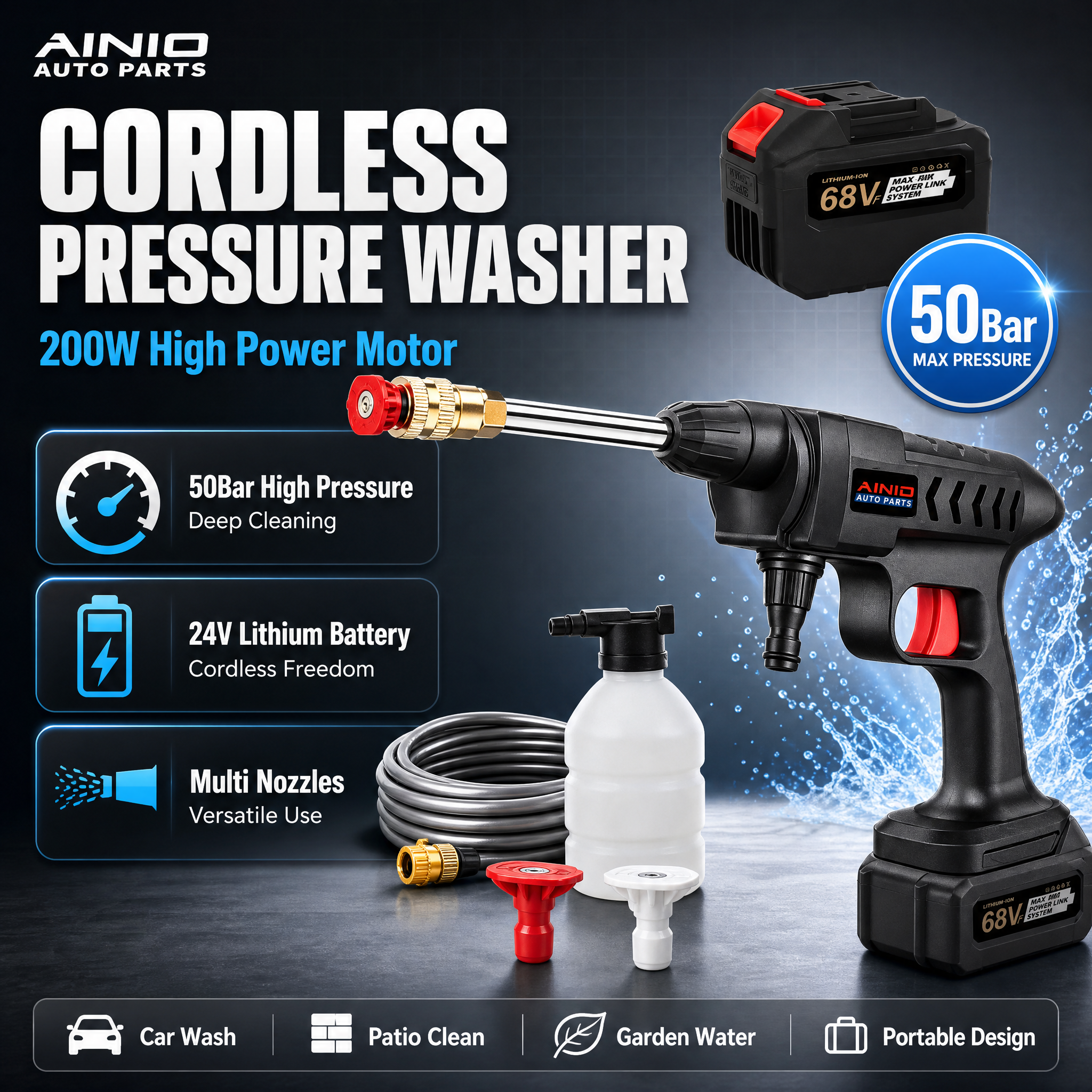 [单张主图] 无线锂电高压洗车水枪 爆款促销感主图 亚马逊跨境… - 图片创意预览