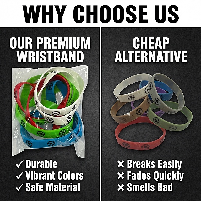 对比图-正品vs普通手环，800x800像素。采用垂直切片式布局，左侧50%区域展示原图中的正品足球硅胶手环（完整无裁剪，突出高质量质感），右侧50%区域展示普通劣质手环的示意（颜色暗淡、做工粗糙）。中间分隔线两侧分别用大号粗体英文字写"OUR PREMIUM WRISTBAND"和"CHEAP ALTERNATIVE"，下方对比项："✓ Durable" vs "✗ Breaks Easily"、"✓ Vibrant Colors" vs "✗ Fades Quickly"、"✓ Safe Material" vs "✗ Smells Bad"。顶部主标题"WHY CHOOSE US"，整体对比清晰，英文文字醒目，非白底背景。