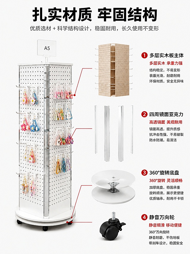 [第4屏] 结构材质解析，拆解展示架多层实木材质结构。本屏使用【图3】https://gd-ai-fts.dancf.com/37117882598807711/presigned/f8b449849a2246b281dcc2fc33f6b9dd3768824.jpeg 作为细节参考，整体产品使用【图1】https://gd-ai-fts.dancf.com/37117882332469437/presigned/13897fc7c45047968880f4f8c739d57b3768791.jpeg。
[氛围/风格] 专业解析风格，清晰展示结构层次，商业工业风。
[元素布局] 左侧展示完整产品，占比约50%，右侧分层标注展示架结构：①多层实木板主体，②四周镜面亚克力，③360°旋转底盘，④静音万向轮。每个结构用红框引出标注，写明材质优势。产品结构完全保留原图轮廓和部件，不改变位置关系。
[光影质感] 主光正面均匀照明，结构层次清晰，不同材质光影表现明确，实木温润，亚克力通透，金属反光清晰。
[配色色系] 全局底色 #FAFAFA；主色深灰文字+原木色；点缀红色标注线。
[视角构图] 正面平视，左右分栏构图，信息层级清晰。
[文字版式] 顶部主标题「扎实材质 牢固结构」，黑色加粗居中；右侧每个结构标注带4-8字说明，如「多层实木 承重力强」，文字清晰不遮挡主体。
[比例分辨率] 3:4 竖版比例，4K分辨率，文字清晰可辨，高清画质。
[负向提示词] 变形，缺件错件，结构错误，颜色偏差，水印，文字错乱，产品图模糊，文字过小。