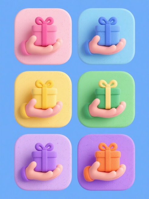 六个粘土风格图标组成的系列素材集合，每个图标均为一只手捧着带蝴蝶结的礼物盒，元素内容完全相同，整体呈规整的2x3网格排布。每个图标拥有独立的纯色背景和对应的粘土主体配色：第一个是淡粉色背景配深粉色礼物盒与浅粉色手，第二个是天蓝色背景配深蓝色礼物盒与浅蓝色手，第三个是嫩黄色背景配深黄色礼物盒与浅黄色手，第四个是草绿色背景配深绿色礼物盒与浅绿色手，第五个是浅紫色背景配深紫色礼物盒与淡紫色手，第六个……预览效果
