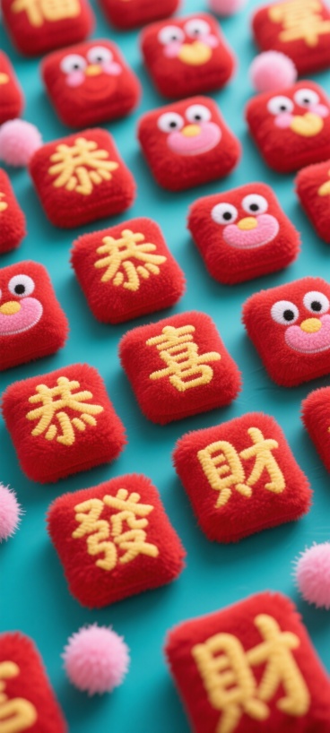 画面中是大量红色系的毛绒方块，上面绣有 “恭”“喜”“發”“財” 等字样，字体圆润可爱，颜色以红色和黄色为主，还点缀着一些粉色的毛绒球。预览效果