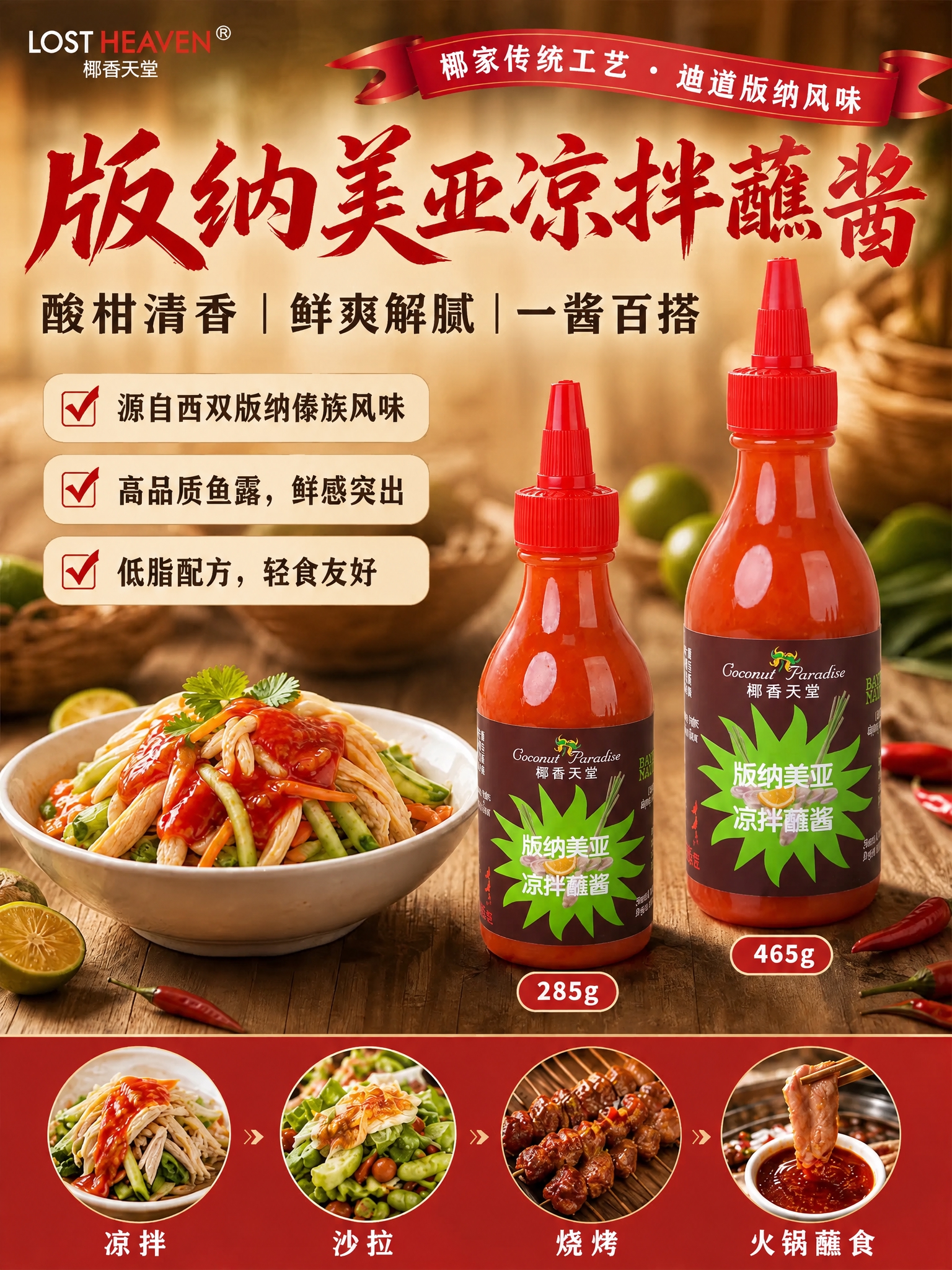 以图1为底图进行局部替换编辑：将图中两瓶辣椒酱（295g小瓶与… - 图片创意预览