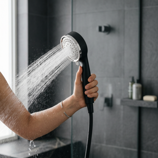增压手持淋浴花洒使用场景主图，高亮通透，简约高级电商风格，展示人物手手持花洒淋浴的舒适使用感，画面自然真实，光影柔和，背景为深灰色简约浴室环境，突出手持使用的舒适体验，整体风格和前面主图保持统一，符合预览效果