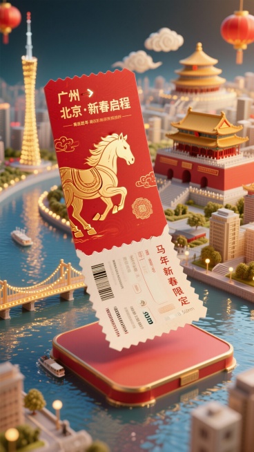 移轴镜头效果，画面中央是一张马年春节主题的巨大机票，票面清晰写着“广州 → 北京 · 新春启程”。

机票表面宛如一个立体舞台，整体为红金配色的新春限定设计，纸面隐约浮现金色奔马纹样与马蹄形防伪水印，预览效果