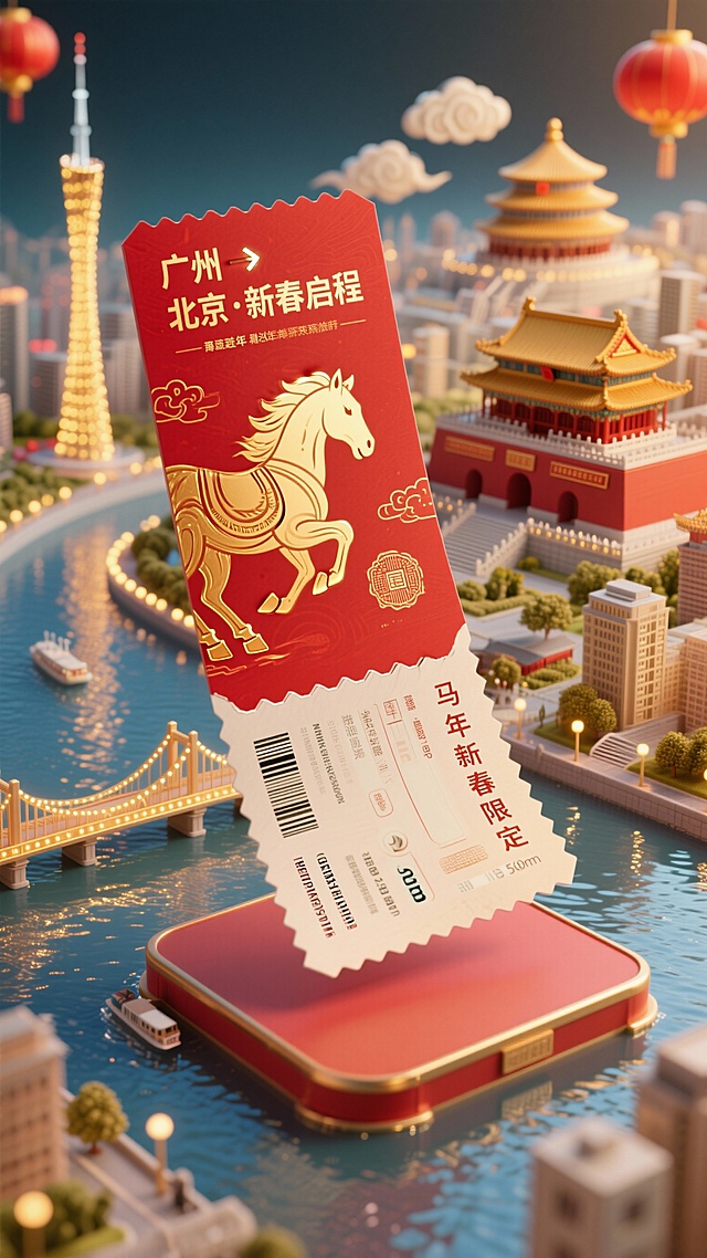 3D微缩艺术风呈现中式喜庆场景，鎏金剪纸马纹车票悬浮于珠江之上，融合广州塔与故宫元素，传递马年新春限定的节日氛围。