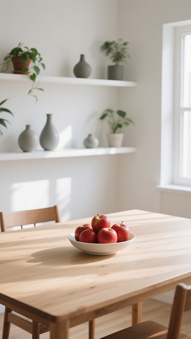 一张具有明亮自然光效果的室内场景照片，采用极简主义设计风格，以原木色和米白色为主要色调，营造出温暖、干净、舒适的氛围。画面中央是一张浅色木质桌面，桌面上摆放着一个装满红色苹果的白色陶瓷果盘。背景中可以看到白色的墙壁和简约的开放式白色搁板，搁板上错落有致地摆放着绿色植物盆栽和几个不同形状的灰色陶瓷花瓶。柔和的阳光从左侧窗户洒入，在墙面和桌面上形成自然的光影斑驳效果，整体构图采用近景聚焦桌面物品、中景虚化背景的方式，具有清晰的视觉层次感和宁静的生活气息。