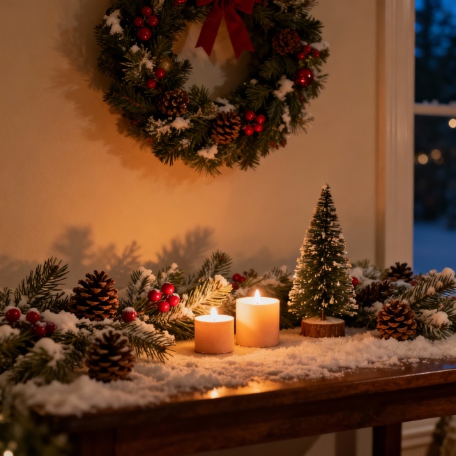 夜晚场景，圣诞节装饰的桌面，桌面上摆放着雪松、松果和红果，中心位置有2个小圆柱蜡烛，旁边有小圣诞树装饰，背景墙壁上挂着一整个完整的圣诞花环，整体氛围温馨浪漫，暖色调灯光照亮场景，细节丰富，画面精致预览效果