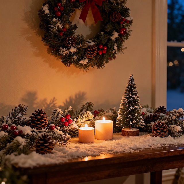 暖光烛火映衬雪覆松枝，微缩圣诞树与松果静置木台，油画质感融汇浮雕层次，重拟物风呈现温馨舒适实景，营造冬夜沉浸式节日氛围。