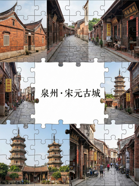 你的任务
帮我制作几份由地区的2到9张拼图出来的风景宣传照片，并在图片中心用正楷标上地点
#地点分别为
1. 泉州·宋元古城的烟火慢时光2. 宜昌·山水之间的治愈之旅3. 绍兴·水墨江南的诗意漫游4.预览效果