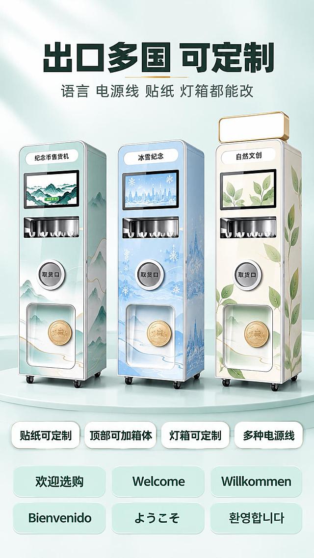 [商品] 使用【图1】纪念币售货机同款机身：白色与浅青绿窄高柜体、顶部白色圆角标牌、横版触摸屏、屏下金属出币槽、圆形取货口、下部视窗、底部脚轮；三台机器结构、比例、部件位置完全一致，仅贴纸图案与机身配色不同；最右侧那台在顶部加装一个矩形发光灯箱。
[画面] 电商详情页第3张，多语言与出口定制页。顶部主标题“出口多国 可定制”，其下副标题“语言 电源线 贴纸 灯箱都能改”。中部横排三台同款机身缩小图：左边白底青绿山水款；中间浅蓝款，贴纸为简约雪花与城市天际线线条，配简体中文“冰雪纪念”；右边米白款，顶部加装矩形发光灯箱（灯箱表面为纯色光面，无文字图案），贴纸为简约叶子图案，配简体中文“自然文创”。三台机器贴纸上除上述简体中文外不得出现任何其他文字。下方一行四个白色圆角小标签，深墨绿粗体中文依次为“贴纸可定制”、“顶部可加箱体”、“灯箱可定制”、“多种电源线”。再下方为两行三列六个浅青绿底小标签，写多国语言界面欢迎语原文：“欢迎选购”、“Welcome”、“Willkommen”、“Bienvenido”、“ようこそ”、“환영합니다”。
[视觉] 套系视觉：风格=明亮清新商业摄影；标题字=现代无衡线粗体；正文字=简洁无衡线体；主色=暖白 #F7FBF9；背景延展=暖白到浅青绿渐变加细腻磨砂；强调色=青绿 #2F7F6F 与金色 #C9A24A 仅用于小面积标签与描边；标题色=深墨绿 #1F3B33；正文色=灰青；组件=白色圆角卡片配浅青绿描边；光影=左上柔和棚拍光配自然接触阴影。
[文字] 标题不超十字，副标题不超十六字；机器贴纸仅用指定简体中文，语言标签仅写指定语言原文，不得出现其他英文文案；所有文字仅横排，不得竖排、旋转、斜排；画面中不使用任何图标与徽标图案；画面底部不放任何文字条或小字。
[规格] 图片比例9:16竖版，2K高清，三台机器整齐可比较不变形，灯箱无文字，文字无乱码；负向：误加到机器上的英文，品牌名称，图标图案，变形，错字，乱码，机器堆叠，机器拥挤，机器裁切，黑色背景，深色背景，水印，平台Logo，二维码，竖排文字，旋转文字，底部文字条，画面底部小字。