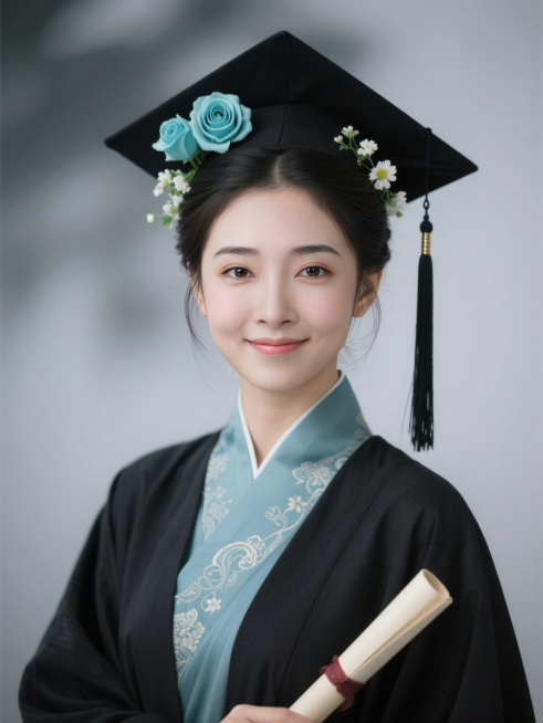 女生证件照，黑色学士袍，内衬是天青色汉服，鬓角和帽子上簪青色洋桔梗和青色玫瑰、白色小花，学士帽穗子，手执卷轴，领口复古花纹，黑灰色朦胧背景。预览效果