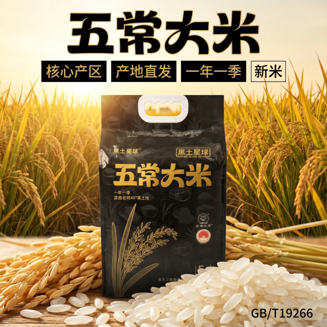 [主图 1] 五常大米产品首图，稻田产地氛围场景。
[氛围风格] 黑金高端风格，清新自然稻田氛围，拼多多直白高点击风格
[画质] 商业摄影质感、光线柔和通透、产品清晰真实、画面干净高级
[元素] 黑色预览效果