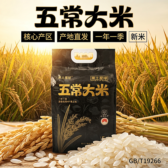[主图 1] 五常大米产品首图，稻田产地氛围场景。
[氛围风格] 黑金高端风格，清新自然稻田氛围，拼多多直白高点击风格
[画质] 商业摄影质感、光线柔和通透、产品清晰真实、画面干净高级
[元素] 黑色包装五常大米产品居中展示，背景是金色稻田远景，饱满通透的白色大米粒散落在前景，产品主体占比约70%，保持产品外观（物理结构、材质质感、颜色）与输入产品图绝对一致，杜绝任何变形和色差，精细化处理。画面满屏无边框。
[光影] 自然暖阳逆光从稻田间照射过来，给产品和米粒勾勒金色轮廓，光线通透温暖，层次分明，突显大米的新鲜质感
[配色] 主色调黑金，背景稻田金色，产品黑色包装，金色文字，对比强烈清晰
[视角构图] 平视视角，景深适中，产品完整居中不裁切
[文字版式] 顶部大字突出主标题 "五常大米"，采用金色粗体最大字号；下方依次排列核心卖点：核心产区 产地直发 一年一季 新米，黑色文字配白色背景块，对比清晰；右下角标注 "GB/T19266" 保证品质，文字不遮挡主体，安全边距充足
[比例分辨率] 1:1 比例，2k 分辨率，文字清晰可辨，超高清
[负向提示词] 变形，水印，文字错乱，产品图模糊，背景杂乱，牛皮癣，配色刺眼，遮挡主体