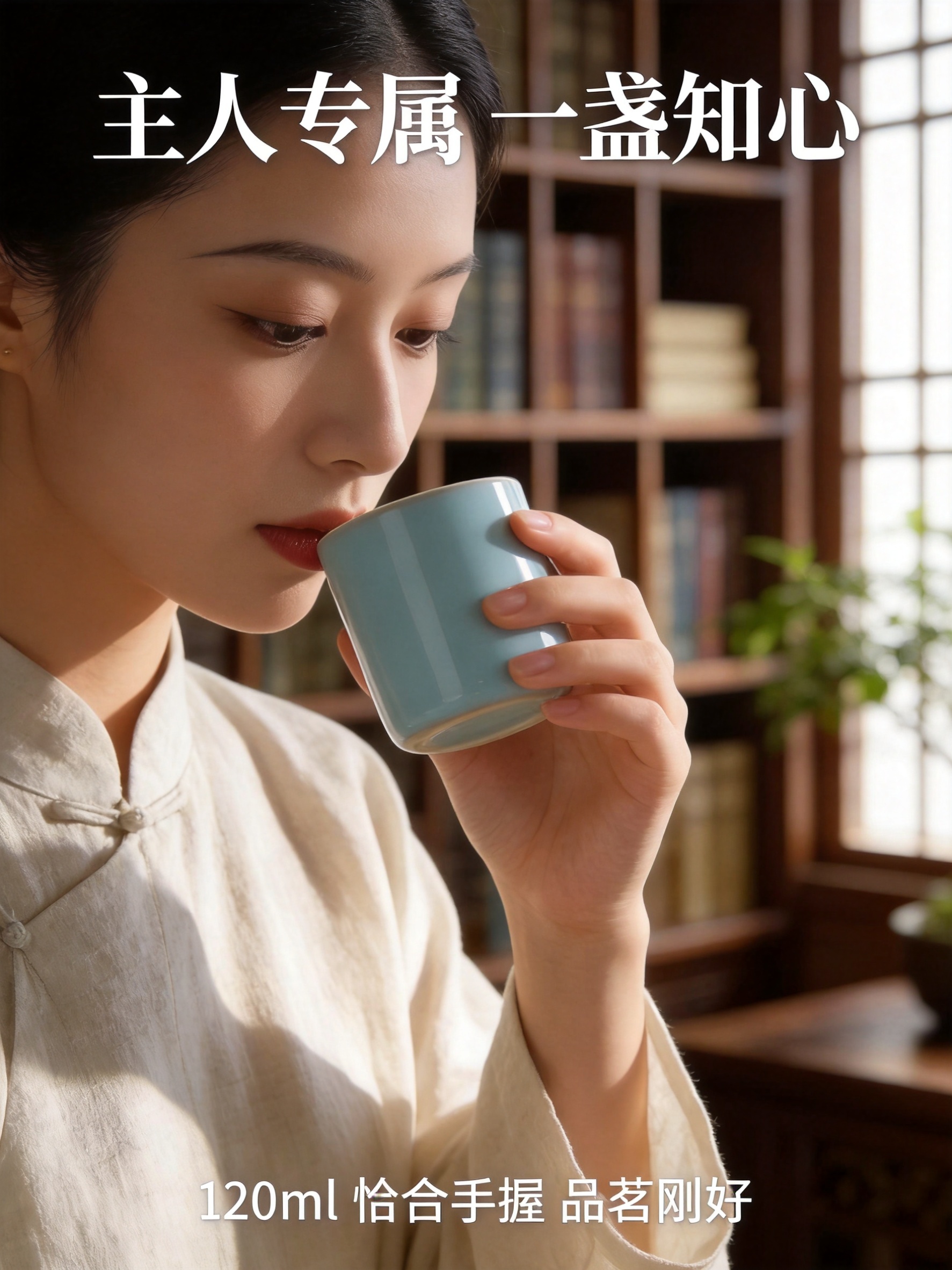 汝窑天青釉直筒主人杯手持品茗模特图，750x1000px竖版3… - 图片创意预览