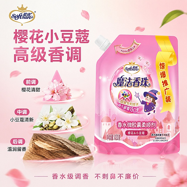 电商主图第四张第三版，香味层次与前中后调展示。柔欣魔法香珠袋装柔顺剂位于画面右侧，保持产品外观与输入产品图绝对一致，杜绝变形色差，商品占比约50%。左侧采用三层香水调结构展示：上层是粉色樱花花瓣，标注“前调 樱花清甜”；中层是白色小豆蔻花，标注“中调 小豆蔻清新”；下层是柔和的木质纹理，标注“后调 温润留香”。三层之间有淡淡的香气波纹连接，形成一个完整的香调金字塔。背景为从浅粉到米白的渐变，周围点缀花瓣和绿叶。左上角柔欣金色皇冠Logo。左上方大字标题“樱花小豆蔻 高级香调”，深粉色粗体大字。底部有一行小字“香水级调香 不刺鼻不廉价”。整体风格优雅清新，突出香氛层次感，粉白绿配色，光线柔和，商业摄影质感。1:1比例，文字清晰。负向提示：变形，文字错乱，产品模糊，背景杂乱，水印。