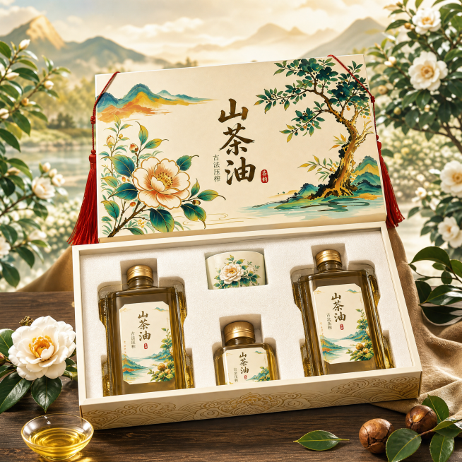 高端国风山茶油礼盒商品主图，展示礼盒整体，突出加厚珍珠棉内托材质，背景为山茶树田园国风场景，古风设计，高端定制质感，适配淘宝天猫平台预览效果