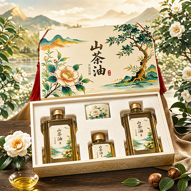 高端国风山茶油礼盒商品主图，展示礼盒整体，突出加厚珍珠棉内托材质，背景为山茶树田园国风场景，古风设计，高端定制质感，适配淘宝天猫平台
