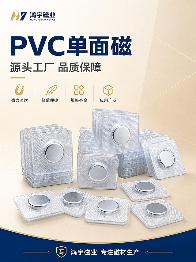 [商品] 使用【图1】【图2】【图4】PVC单面磁产品；保留透明PVC方形包胶底座、中间镶嵌圆形银色磁铁的结构，保留产品的透明质感和金属光泽，保留产品形状和比例；产品精修：清理表面灰尘和划痕，增强金属磁铁反光质感，提升PVC透明度，边缘更清晰。
[画面] 页面目标：专业头图，建立源头工厂品质感。上下构图，上半部分为标题区，下半部分为产品展示区。画面中央偏下位置陈列多枚PVC单面磁产品，有平铺的、有堆叠的，形成丰富的产品阵列，产品占画面约55%。背景为米金色渐变，带有淡淡的几何线条装饰，左上角放置鸿宇磁业品牌logo。底部有一条深蓝色信息条。
[视觉] 套系策略：风格=蓝金工业品质风，源头工厂专业感；标题字=现代粗黑体，厚重有力；正文字=简洁无衬线体；主色=深蓝色+米金色；背景延展=米金色到浅米色渐变，带细腻纹理质感；强调色=浅金色，用于图标、引线、标签；标题色=深蓝色；正文色=深灰色；组件=圆角信息卡、细线引线、浅金色图标；光影=柔和顶光，金属磁铁有细腻高光，PVC通透有质感。
[文字] 上部左侧主标题深蓝色大字写"PVC单面磁"，副标题写"源头工厂 品质保障"，下方4个浅金色小图标配短文案：强力吸附、轻薄便捷、规格齐全、应用广泛。底部深蓝色信息条白字写"鸿宇磁业 专注磁材生产"。文字横排，层级清晰，不遮挡产品主体。
[规格] 图片比例3:4竖版，2K分辨率，避免变形、错字、文字过小、产品结构失真、颜色偏差、悬浮感、水印、平台Logo。