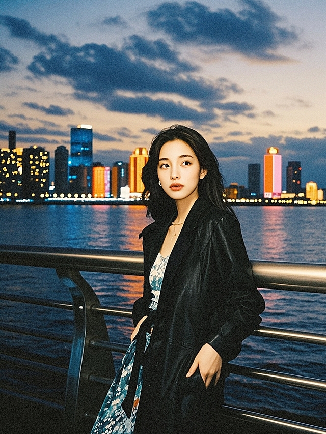 一个女生，天桥上，海边，夜晚，微醺