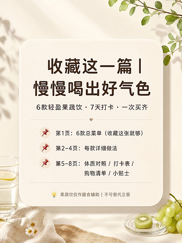 小红书笔记收尾页，3:4竖版，ins清新自然风，版式精美，小红书笔记封面质感，信息层级清晰。画面居中一张大的浅米色圆角卡片，卡片内主标题：「收藏这一篇｜慢慢喝出好气色」，副标题：「6款轻盈果蔬饮 · 7天打卡 · 一次买齐」。下方三行引导文字，每行前有小图标：📌 第1页：6款总菜单（收藏这张就够）；📌 第2–4页：每款详细做法；📌 第5–8页：体质对照 / 打卡表 / 购物清单 / 小贴士。卡片最底部小字：「💡 果蔬饮仅作膳食辅助｜不可替代正餐」。背景米白哑光，圆润无衬线字体，深棕主文字，整体温柔治愈，有收藏感和收尾感，无卡通无真人无特效贴纸无瘦身夸张文字。画质高清细腻，文字安全区内不裁切，4K。