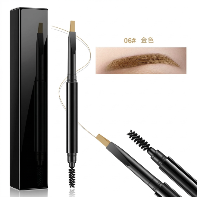 将这张眉笔图的外包装盒和笔身包材全部修改为亮黑色，笔头保持扁平形状，不要改为三角形，保留其他所有内容不变，包括06# 金色文字、试色图和整体构图布局预览效果