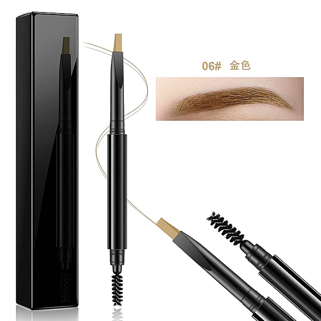 将这张眉笔图的外包装盒和笔身包材全部修改为亮黑色，笔头保持扁平形状，不要改为三角形，保留其他所有内容不变，包括06# 金色文字、试色图和整体构图布局