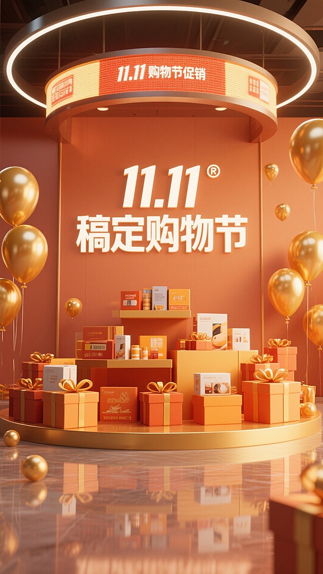 3D重拟物风格，鎏金金属质感，喜庆橙金配色，搭配气球与礼盒堆叠，营造浓厚双十一购物节促销氛围。