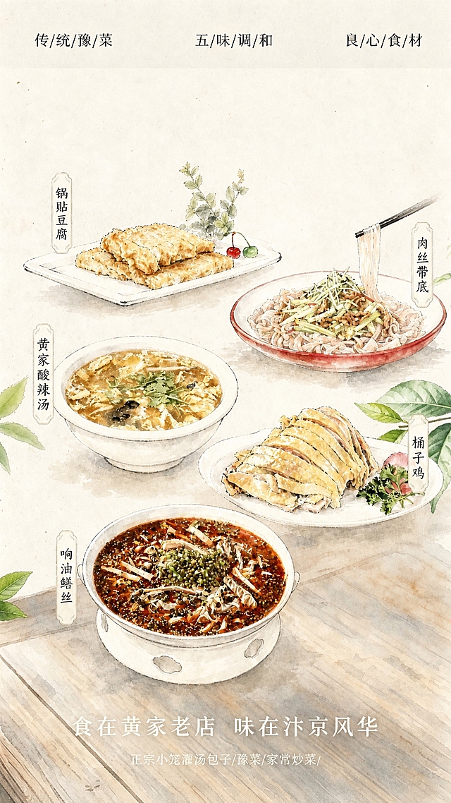 将第一张美食插画（锅贴豆腐、肉丝带底、黄家酸辣汤、桶子鸡、响油鳝丝五道豫菜的水彩插画）放置到第二张画布背景的中间区域，菜品图片比之前稍微增大一些，位置向下移动，离底部的木质桌子更近一些，严格保留画布原有的绿色叶子装饰（左侧的叶子和右侧的枝叶），不要新增或复制任何叶子元素，画布顶部保留'传/统/豫/菜 五/味/调/和 良/心/食/材'文字，画布底部保留'食在黄家老店 味在汴京风华'和'正宗小笼灌汤包子/豫菜/家常炒菜/'文字，整体风格统一为中国风水彩画风格，画面和谐自然