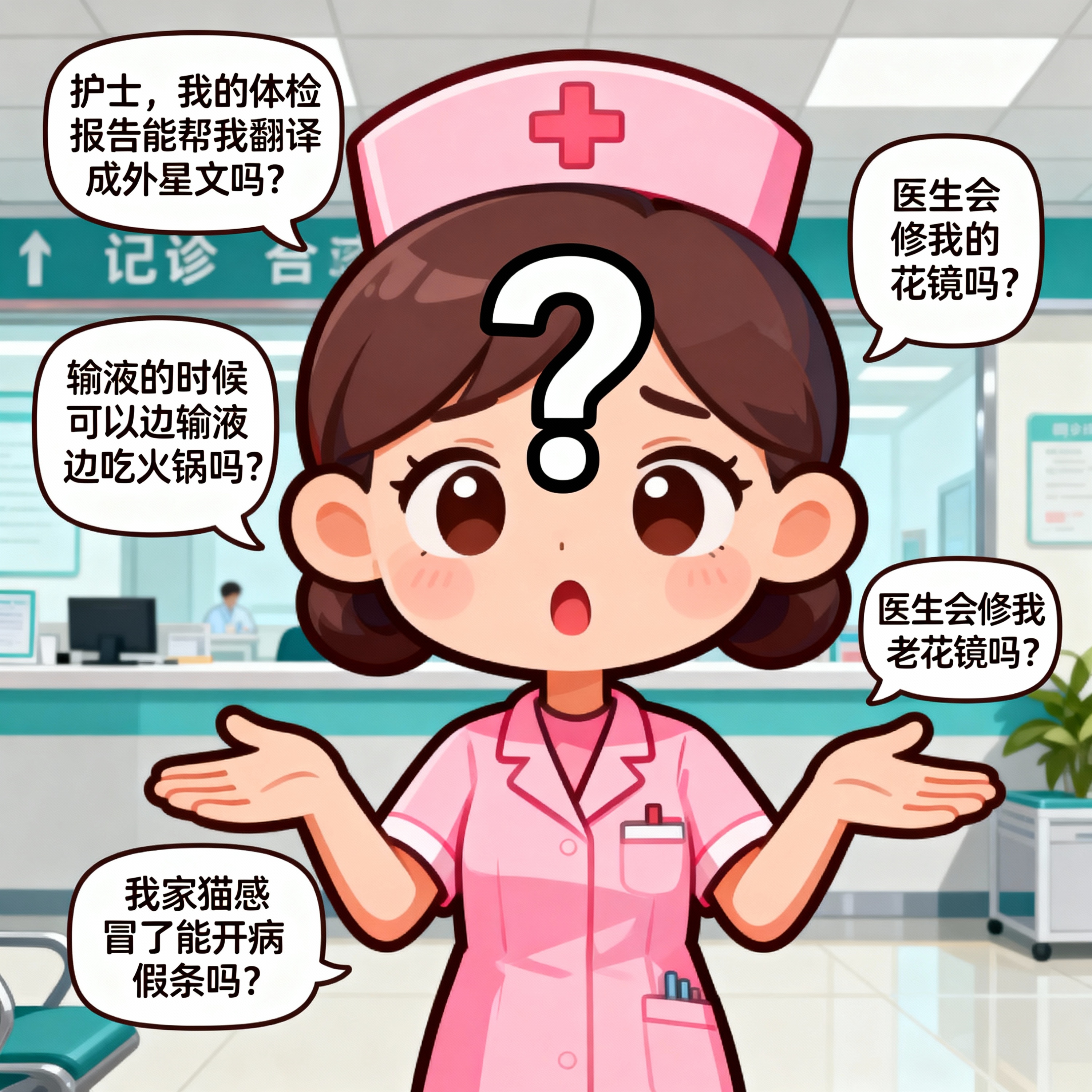患者问门诊护士千奇百怪的问题”： 比如一个问号脸的卡通人物，背… - 图片创意预览