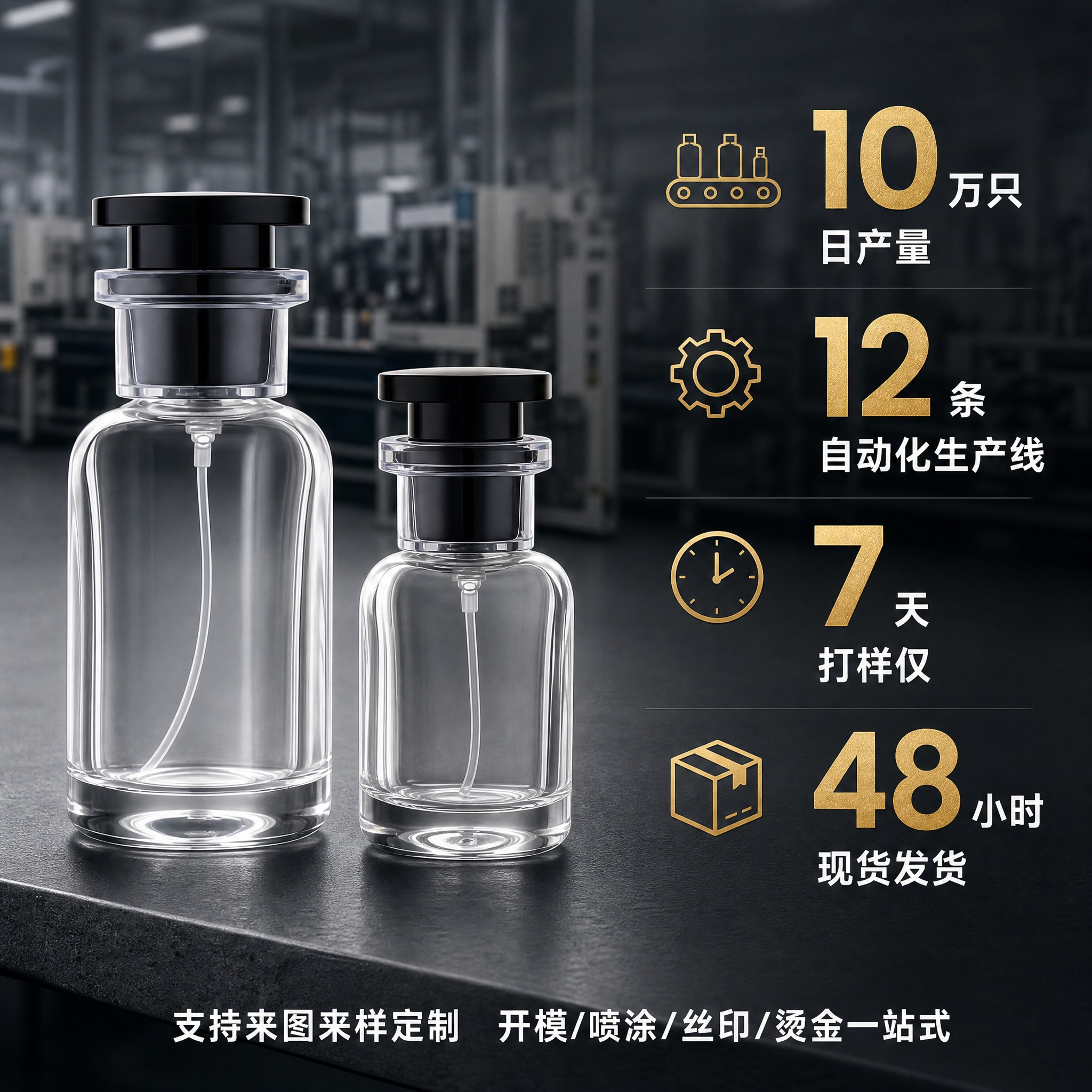 1688电商主图，产能与定制实力展示。画面左侧陈列两只透明卡口… - 图片创意预览