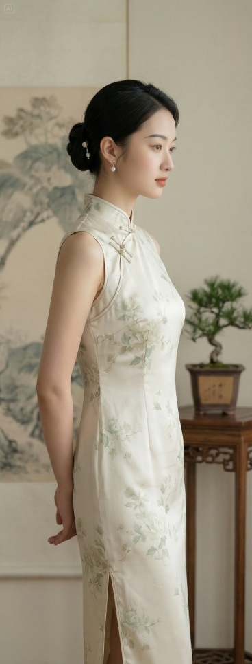 参照以上图片的色彩，并生成以下描述的图片：一位年轻东方女子身着米白色无袖丝绸旗袍，旗袍上点缀淡雅绿色花卉图案，领口精致盘扣，发髻配小巧耳坠，侧身站立双手背在身后，背景为水墨山水画屏风，木制小几上摆放小预览效果