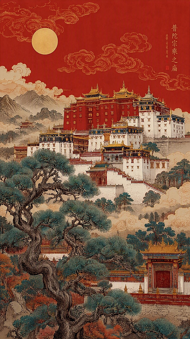 参考图中的中式传统美学风格，红金配色，工笔重彩画风，线条细腻精致。画面主体为承德普陀宗乘之庙，藏式佛教建筑红白金顶，错落有致的庙宇群。前景有苍劲的古松树，松针层叠饱满，树干虬曲有力。天空中祥云缭绕，金色云纹线条流畅优美，云雾飘渺山间。整体呈现庄严神圣的中式古典美学意境，构图层次丰富，色彩浓郁典雅，细节精致考究