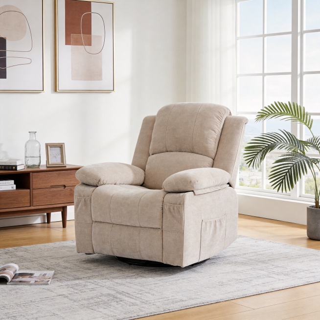 将这张单人电动沙发椅放置在现代轻奢风客厅场景中，墙面上挂着两幅抽象的装饰画，木色的底板铺浅灰色纹理地毯；右侧是白色大窗户配白色透明窗帘，窗外可看到风景，透入柔和自然光，靠窗摆放散尾葵绿植；左侧是胡桃木预览效果