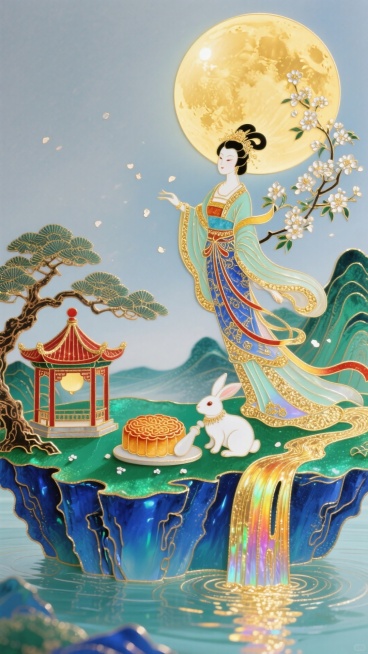 一轮硕大的中秋金月悬于静谧的浅灰蓝夜空，清辉如纱漫洒。月轮之中，嫦娥正执起广袖轻拂，裙裾间似有桂花飘落，惊起几点银辉；她身旁的玉兔蹲坐在白玉捣药杵旁，前爪轻拨药臼，捣出细碎的光晕随晚风飘向人间。下方蓝预览效果