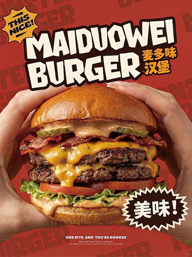 将右下角爆炸框内的价格"¥28.99 ONLY"修改为文字"美味!"，保持整体风格、字体、配色和其他元素不变，保留原海报的构图和汉堡画面，只修改右下角价格区域的文字