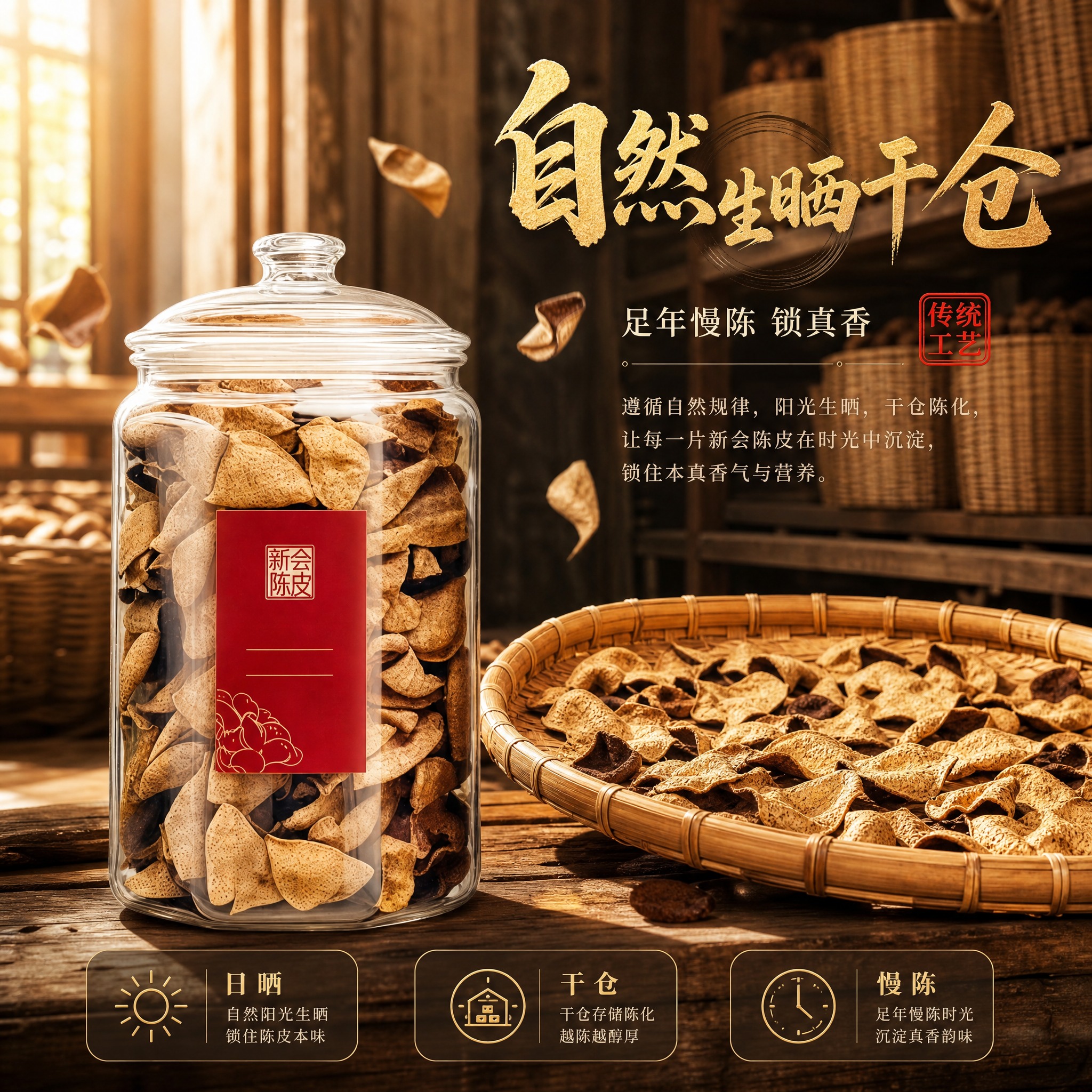 [主图-3] 主题：新会陈皮工艺展示，自然生晒干仓、足年慢陈的… - 图片创意预览