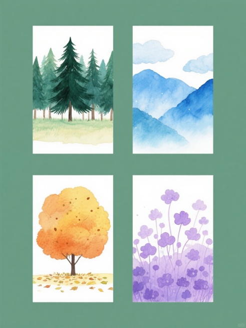一套四张的水彩风格自然元素插画，每张插画均采用单一纯色背景，保持统一的水彩绘画技法——包括透明晕染的色彩过渡、湿润的边缘效果、轻柔的笔触质感和朦胧的光影氛围，画面整体色彩各异但风格高度统一。每张插画包含不同类目的自然主题元素：第一张为深绿色系的松树群，树干挺拔，枝叶层次分明，底部有浅色草地晕染；第二张为蓝色系的远山与云朵组合，山峰轮廓柔和，云朵边缘模糊，呈现远近层次感；第三张为橙黄色系的落叶树……预览效果