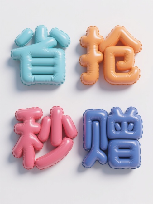 一组4个不同配色规整排布的3D素材，每个素材包含膨胀效果的艺术字，字体圆润饱满，材质光滑且有光泽，保留充气后的自然褶皱，呈现出强烈的充气立体感，纯白色背景，文案分别为“省”、“抢”、“秒”、“赠”，整体风格统一，光影柔和，高光清晰，色彩鲜明，具有现代促销设计感。预览效果