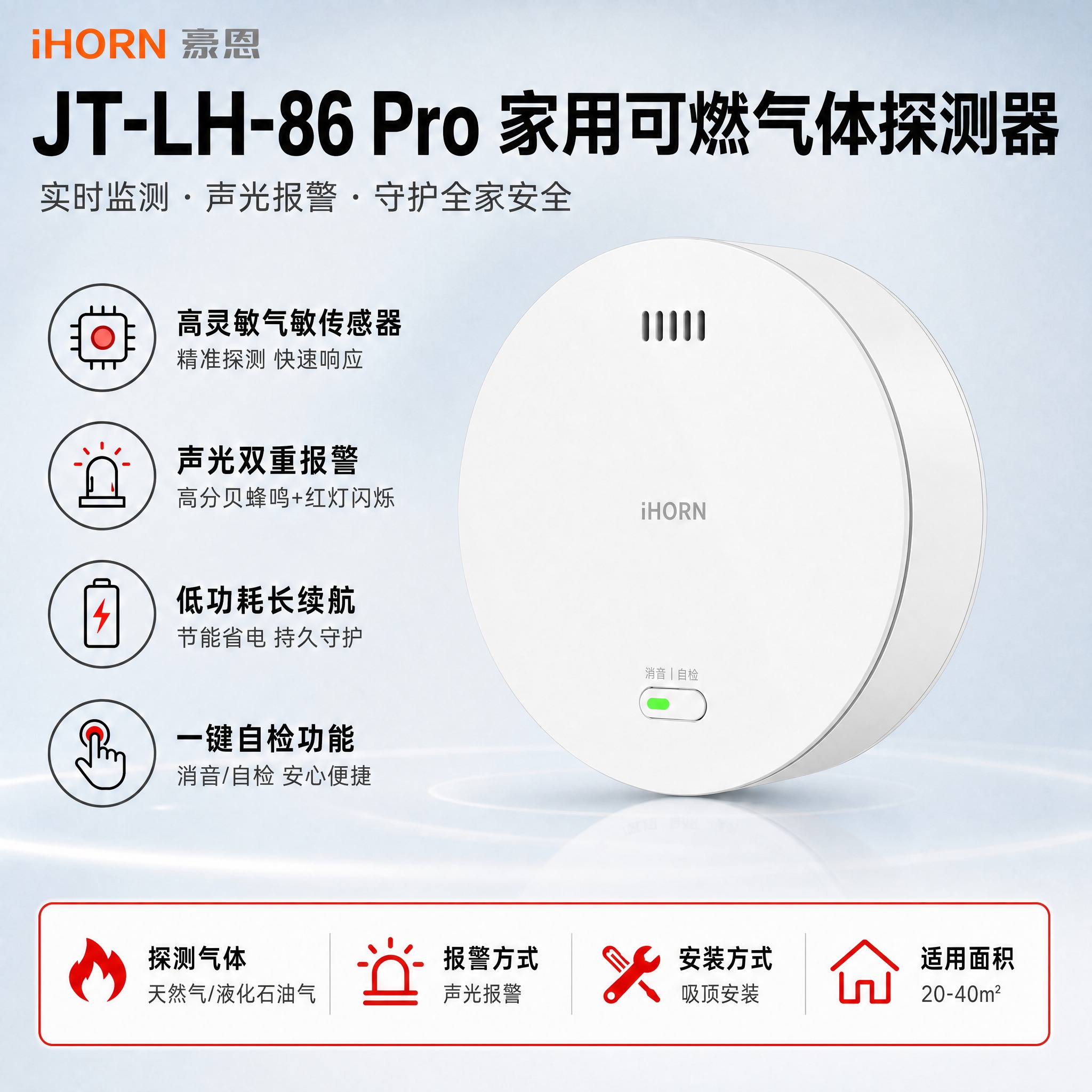 基于这张燃气报警器主图，做以下修改：1. 移除产品右侧所有引线… - 图片创意预览