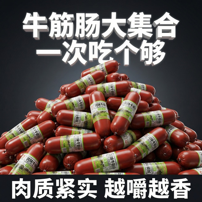 我的产品是牛筋肠，帮我做10张主图产品堆积起来突出产品多预览效果