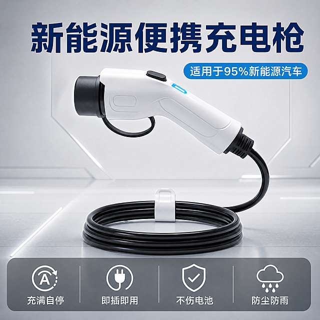 [主图-1] 新能源汽车充电枪首图，专业展示产品核心卖点。
[氛围风格] 专业五金器械电商主图，清晰突出产品性能
[画质] 商业摄影质感、光线柔和通透、产品清晰真实、画面干净高级
[元素] 新能源汽车充电枪主体居中微倾悬浮，保持产品外观（物理结构、材质质感、颜色）与输入产品图绝对一致，杜绝任何变形和色差，精细化处理。商品主体占比严格控制在70%左右，画面满屏无边框。背景使用浅灰色简约工业风，干净不抢主体。
[光影] 正面柔光为主，边缘添加轮廓高光突出产品立体感，背景均匀打亮，整体通透干净。
[配色] 主色调浅灰背景，产品本白色与黑色，点缀浅蓝色装饰
[视角构图] 平视45度斜侧视角，主体居中，景深适中
[文字版式] 左上角安全区留出品牌位置，顶部大字主文案"新能源便携充电枪"，深蓝色粗体无衬线。右上浅蓝色标签"适用于95%新能源汽车"。底部通栏分四列排列四个核心卖点，每列上图标下短句：第一列「充满自停」，第二列「即插即用」，第三列「不伤电池」，第四列「防尘防雨」，文字白色，深灰底半透明，清晰易读不遮挡产品主体。文字层级分明，大字突出，小字辅助，深浅对比清晰可读。
[比例分辨率] 1:1 比例，4k 分辨率，文字清晰可辨，超高清
[负向提示词] 变形，水印，文字错乱，产品图模糊，背景杂乱