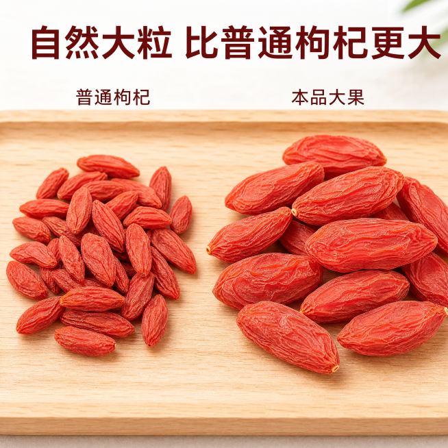 [主图-3] 枸杞真实大小对比展示主图；
[氛围风格] 简约干净家居治愈风；
[画质] 真实商业摄影、清晰通透、对比分明；
[元素] 将普通枸杞和本品大颗粒枸杞并排摆放在原木色餐垫上，展示本品枸杞更大预览效果