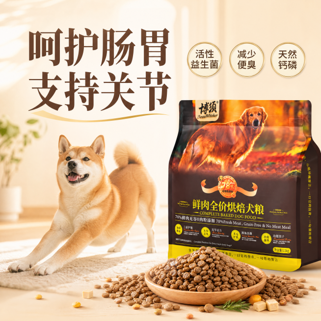 鲜肉全价烘焙犬粮肠胃关节健康卖点主图，温馨治愈宠物场景风格，商业摄影质感，光线柔和通透，产品清晰真实。画面右上角100%保留用户最新上传的原版犬粮包装袋，所有文字图案信息、产品造型完全不做任何修改，保预览效果