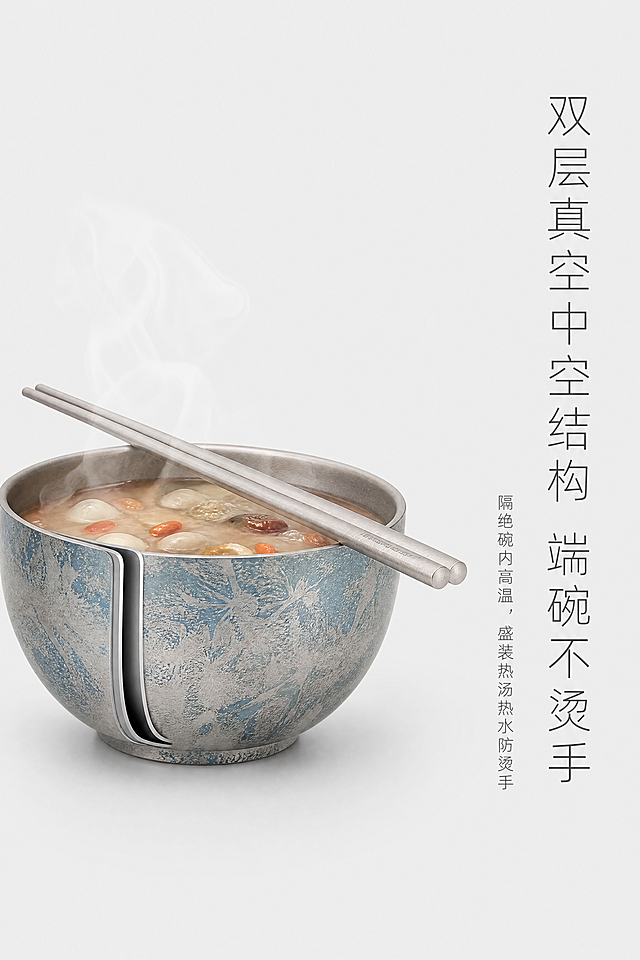 纯钛冰花碗筷套装｜10屏2:3竖版电商详情页AI绘图提示词（简约轻奢·哑光质感风）<br/><br/>整体统一规范：全页面比例固定2:3竖版，全程遵循【简约轻奢-哑光质感风】视觉风格、【简约高级-无衬线极简文字+细体留白文字】字体效果；所有页面强制标注：严格还原上传的产品图，包括包装设计、颜色、LOGO位置、文字内容、图案元素等所有细节，去掉无关的背景杂物或者手，产品尺寸：碗口径11.5cm，碗高6.5cm，筷子长度23cm，尺寸比例保持1:1<br/><br/>第1屏：首屏海报（产品形象主KV）<br/><br/>正向提示词（中文）<br/><br/>2:3竖版，简约轻奢哑光质感风，高级冷淡极简留白构图，浅米白羊毛绒柔焦背景，画面中心摆放整套冰花冰川蓝纯钛碗筷勺套装，一只正放碗+一只倒扣碗+钛筷钛勺错落摆放，产品哑光冰花结晶肌理细腻高清特写，主标题居中对齐排版，主标题：高纯TA1纯钛餐具｜无重金属健康用餐，副标题在主标题下方居中排布：手工冰花锻打·双层隔热抑菌钛碗，无衬线极简细体字体，低饱和冰川蓝+哑光银配色，光影柔和漫射自然光，8K超写实商业产品摄影，画面大面积留白，质感细腻高级，无多余杂物，整体色调干净素雅，突出产品冰花手工纹理质感，轻奢居家氛围感<br/><br/>负面提示词<br/><br/>画面杂乱拥挤、多余杂物摆件、鲜艳高饱和配色、卡通涂鸦元素、人物手部出镜、产品变形失真、木纹大理石杂乱背景、字体粗重花哨、多余水印文字、光影突兀硬阴影<br/><br/>第2屏：品牌实力介绍屏<br/><br/>正向提示词（中文）<br/><br/>2:3竖版，简约轻奢哑光质感风，左对齐极简排版，浅奶白哑光纯色背景，画面左侧竖向排布品牌LOGO与品牌介绍文案，无衬线细体留白文字，画面右侧实景摆放冰川蓝纯钛碗筷单品局部特写，局部放大钛材冰花锻造肌理，主标题左对齐：深耕纯钛餐厨｜严苛钛材原料甄选，副标题左对齐在下：99.88%高纯TA1原生钛，从源头把控用餐健康，8K高清静物摄影，低饱和冰川蓝+米白配色，柔和侧逆光，画面左右疏密对比留白，轻奢商务质感，严格还原上传的产品图，包括包装设计、颜色、LOGO位置、文字内容、图案元素等所有细节，去掉无关的背景杂物或者手，产品尺寸：碗口径11.5cm，碗高6.5cm，筷子长度23cm，尺寸比例保持1:1<br/><br/>负面提示词<br/><br/>花哨渐变字体、国潮卡通图案、多余促销贴纸、杂乱拼接背景、人物出镜、产品色彩失真、画面满铺无留白、高饱和撞色、多余边框装饰<br/><br/>第3屏：核心卖点1｜99.88%高纯TA1纯钛材质<br/><br/>正向提示词（中文）<br/><br/>2:3竖版，简约轻奢哑光质感风，居中对称排版，浅灰白极简磨砂背景，画面上下分层，上半区居中主标题：99.88%TA1高纯纯钛 告别重金属析出，副标题居中：不含涂层，酸碱环境不易析出有害物质，下半区左右分栏，左侧纯钛原材料锭特写，右侧冰川蓝冰花钛碗剖面实物，产品冰花肌理高清微距拍摄，无衬线极简文字，数据卖点标注99.88%纯度，柔和顶光，哑光冷调质感，大面积留白，严格还原上传的产品图，包括包装设计、颜色、LOGO位置、文字内容、图案元素等所有细节，去掉无关的背景杂物或者手，产品尺寸：碗口径11.5cm，碗高6.5cm，筷子长度23cm，尺寸比例保持1:1<br/><br/>负面提示词<br/><br/>夸张卡通插画、大红促销底色、多余花纹边框、产品形变、杂乱背景、手写花哨字体、人物手脚入镜、水印遮挡产品<br/><br/>第4屏：核心卖点2｜双层真空隔热防烫工艺<br/><br/>正向提示词（中文）<br/><br/>2:3竖版，简约轻奢哑光质感风，右对齐强调排版，浅灰低饱和哑光背景，画面右侧竖向排布标题文案，主标题右对齐：双层真空中空结构，端碗不烫手，副标题右对齐：隔绝碗内高温，盛装热汤热水防烫手，画面左侧实景展示盛装热汤的纯钛钛碗，搭配热气柔焦特效，钛筷斜搭碗边，微距展示碗身双层壁厚细节，冰花冰川蓝纹理清晰，漫射柔光，8K产品实拍，疏密对比留白设计，严格还原上传的产品图，包括包装设计、颜色、LOGO位置、文字内容、图案元素等所有细节，去掉无关的背景杂物或者手，产品尺寸：碗口径11.5cm，碗高6.5cm，筷子长度23cm，尺寸比例保持1:1<br/><br/>负面提示词<br/><br/>鲜艳彩色背景、涂鸦装饰、粗黑体促销字、多余摆件、人物出镜、碗体尺寸失真、刺眼硬光、杂乱纹理底图<br/><br/>第5屏：核心卖点3｜手工冰花锻打结晶工艺<br/><br/>正向提示词（中文）<br/><br/>2:3竖版，简约轻奢哑光质感风，分栏模块化排版，米白色柔焦毛绒背景，画面上半区居中主标题：手工千次锻打·天然冰花结晶纹理，副标题居中：每一只钛碗纹理独一无二，匠人手工锻造，下半区三栏均分布局，分别是碗外壁冰花微距特写、碗内壁银面特写、钛筷冰面细节特写，无衬线细体小字标注工艺注解，柔和环形柔光，突出金属哑光冰花肌理，画面四周留白，高级器物美学，严格还原上传的产品图，包括包装设计、颜色、LOGO位置、文字内容、图案元素等所有细节，去掉无关的背景杂物或者手，产品尺寸：碗口径11.5cm，碗高6.5cm，筷子长度23cm，尺寸比例保持1:1<br/><br/>负面提示词<br/><br/>印花卡通底纹、繁杂装饰线条、荧光亮色、字体特效浮夸、多余水印、产品纹理模糊、人物入镜、画面拥挤无留白<br/><br/>第6屏：核心卖点4｜抑菌耐腐·耐酸碱不生锈<br/><br/>正向提示词（中文）<br/><br/>2:3竖版，简约轻奢哑光质感风，左对齐极简排版，浅灰纯色哑光背景，画面左半区文案排版，主标题左对齐：天然抑菌耐腐蚀，耐酸碱日常不易生锈，副标题左对齐：盛放醋、酱油、汤品无析出、无腐蚀，画面右半区实景：钛碗盛放醋液、酱料实景测试，搭配钛筷斜靠碗沿，产品冰川蓝冰花质感清晰，局部微距拍酸碱接触位置无氧化痕迹，低饱和冷色调，均匀柔光，留白充足，严格还原上传的产品图，包括包装设计、颜色、LOGO位置、文字内容、图案元素等所有细节，去掉无关的背景杂物或者手，产品尺寸：碗口径11.5cm，碗高6.5cm，筷子长度23cm，尺寸比例保持1:1<br/><br/>负面提示词<br/><br/>高饱和红黄色块、爆炸促销标签、手绘卡通插图、杂乱厨房杂物、手部触碰产品、光影斑驳杂乱、字体臃肿花哨<br/><br/>第7屏：核心卖点5｜轻量化便携+可进消毒柜洗碗机<br/><br/>正向提示词（中文）<br/><br/>2:3竖版，简约轻奢哑光质感风，阶梯错落排版，浅奶白极简背景，画面上居中主标题：轻量化钛材，洗碗机消毒柜通用，副标题居中：家用日常、户外露营均可携带，画面下半区左右分场景：左侧居家消毒柜内摆放钛碗套装实拍，右侧户外野餐布上摆放餐具实景，冰川蓝产品色彩统一，自然光柔和，无衬线小字标注使用场景注解，大面积留白，极简居家+户外双场景，严格还原上传的产品图，包括包装设计、颜色、LOGO位置、文字内容、图案元素等所有细节，去掉无关的背景杂物或者手，产品尺寸：碗口径11.5cm，碗高6.5cm，筷子长
