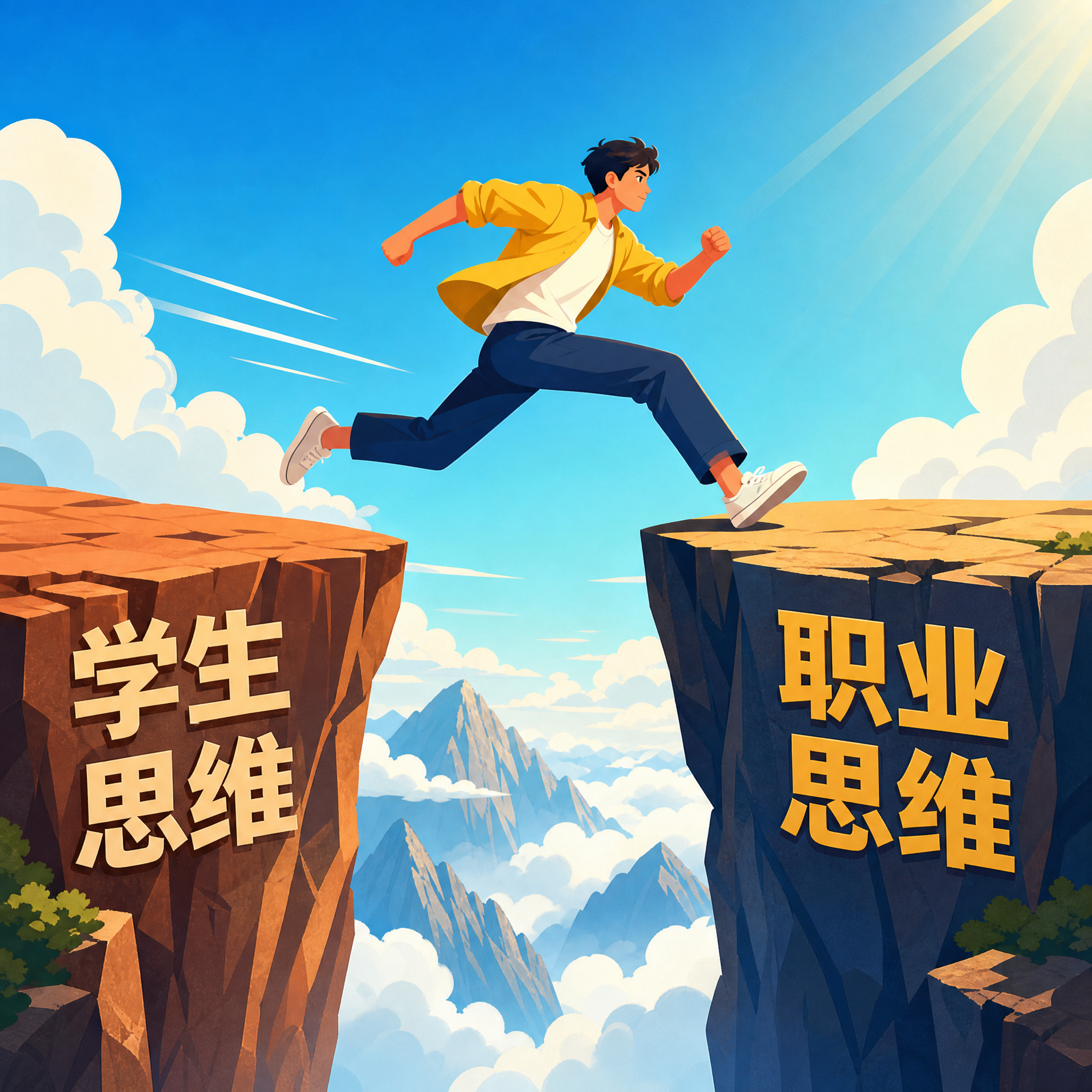 插画风格，一个年轻人正大步跨越一条深邃的鸿沟，动作充满力量和决… - 图片创意预览