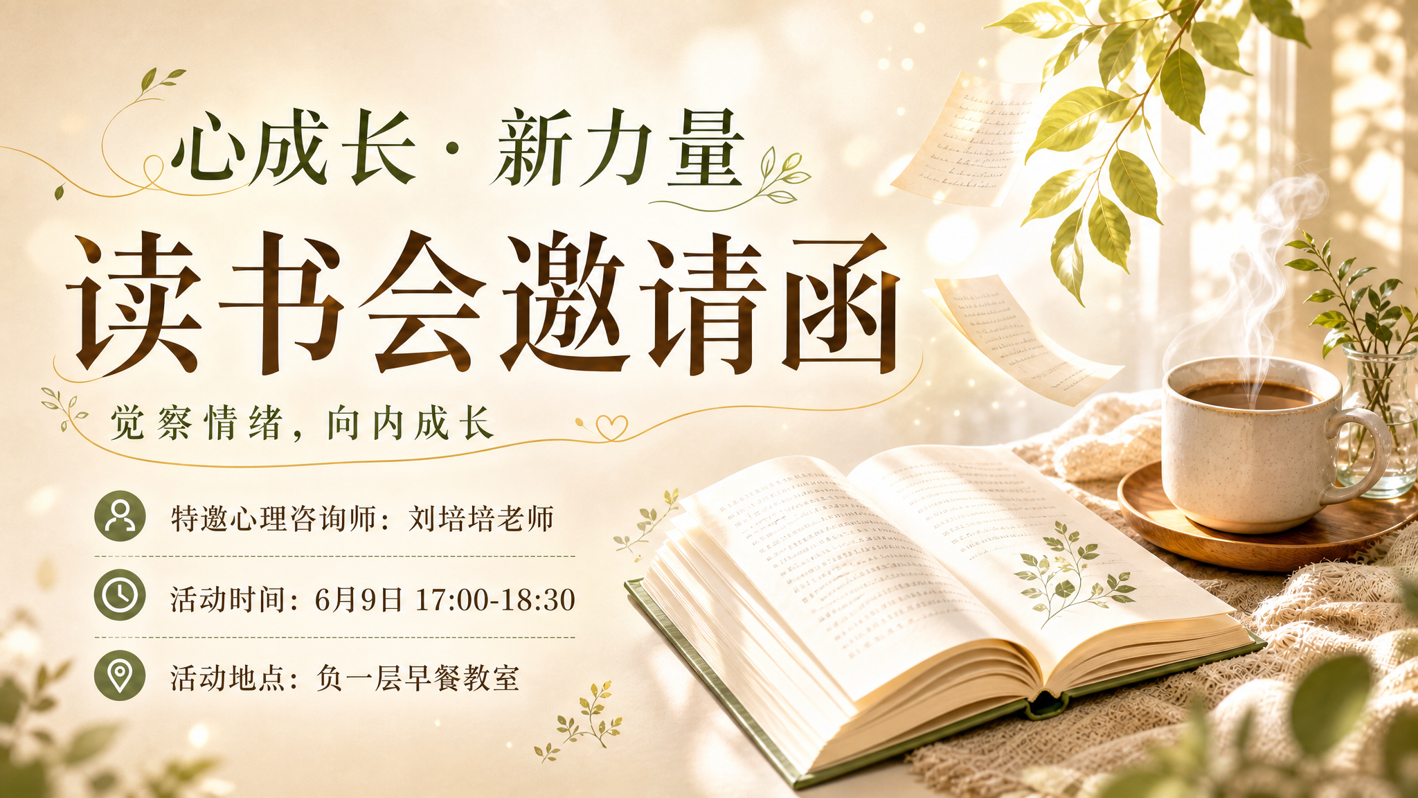 优化这张读书会邀请函，提升视觉吸引力，增强光影层次感，优化文字… - 图片创意预览