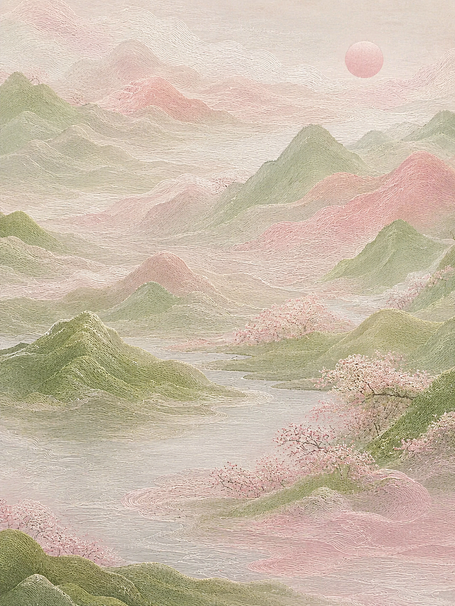 参考图片的刺绣肌理风格，浅粉色和绿色渐变的层叠山峦，东方美学意境，重新生成画面内容，保留柔和渐变色彩和纹理质感