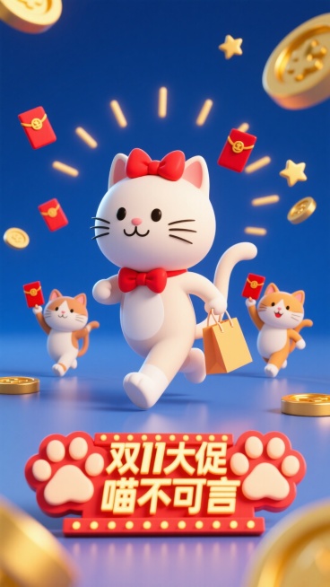 主视觉为头戴红色蝴蝶结的猫咪，优雅地叼着购物袋快步跑出画面，身后 3 只小猫举着红包袋紧随其后，正面视角。背景点缀金色金币、红色红包、星星状放射线，画面下方是带有猫爪元素的 3D 文字灯牌 “双 11预览效果
