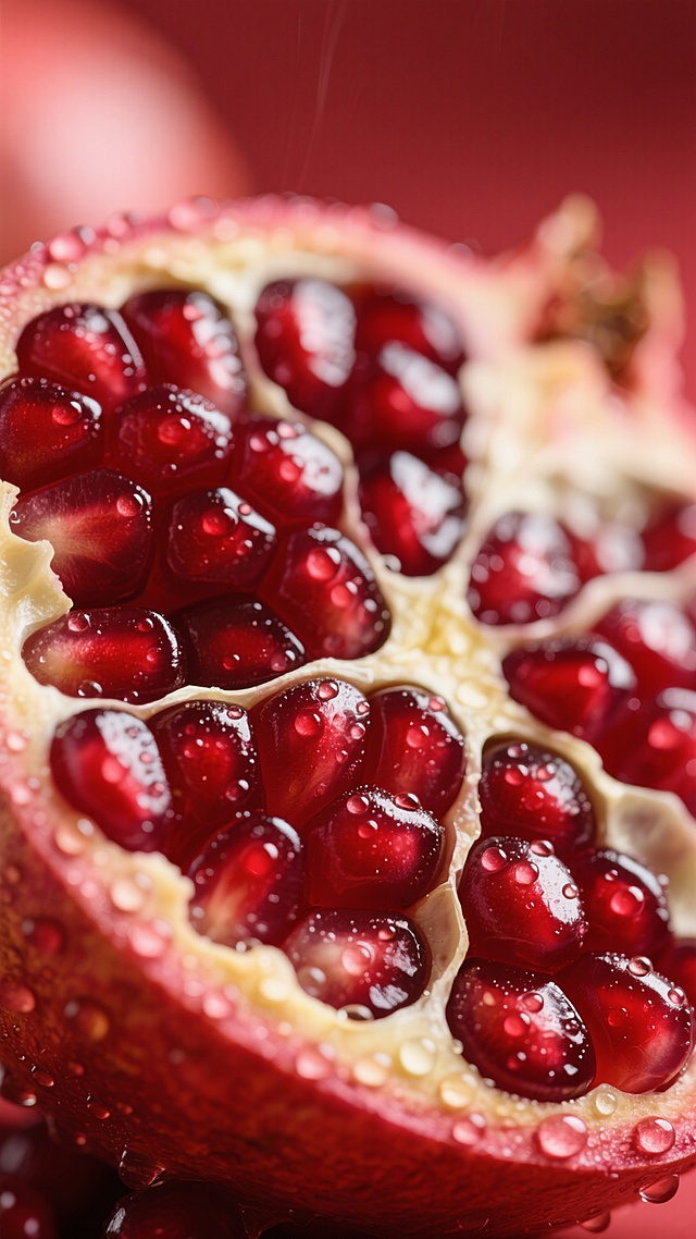 特写镜头下的切开石榴，饱满晶莹的深红色石榴籽紧密排列，果皮呈浅红色带有黄色内瓤，表面覆盖着大小不一的透明水珠，水珠在光线照射下闪烁着细小高光，背景为模糊的红色渐变，营造出温暖湿润的氛围，整体呈现高度写实的质感，细节丰富，光影柔和，突出石榴籽的水润与新鲜感。