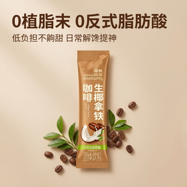 [主图 3] 生椰拿铁速溶咖啡健康卖点：0植脂末 0反式脂肪酸。[氛围风格]轻奢简约风，浅咖色高级纯色背景，层次光影，写实质感高级商业拍摄，低饱和高级色调，极简构图。[画质]商业摄影质感，光线柔和通透预览效果